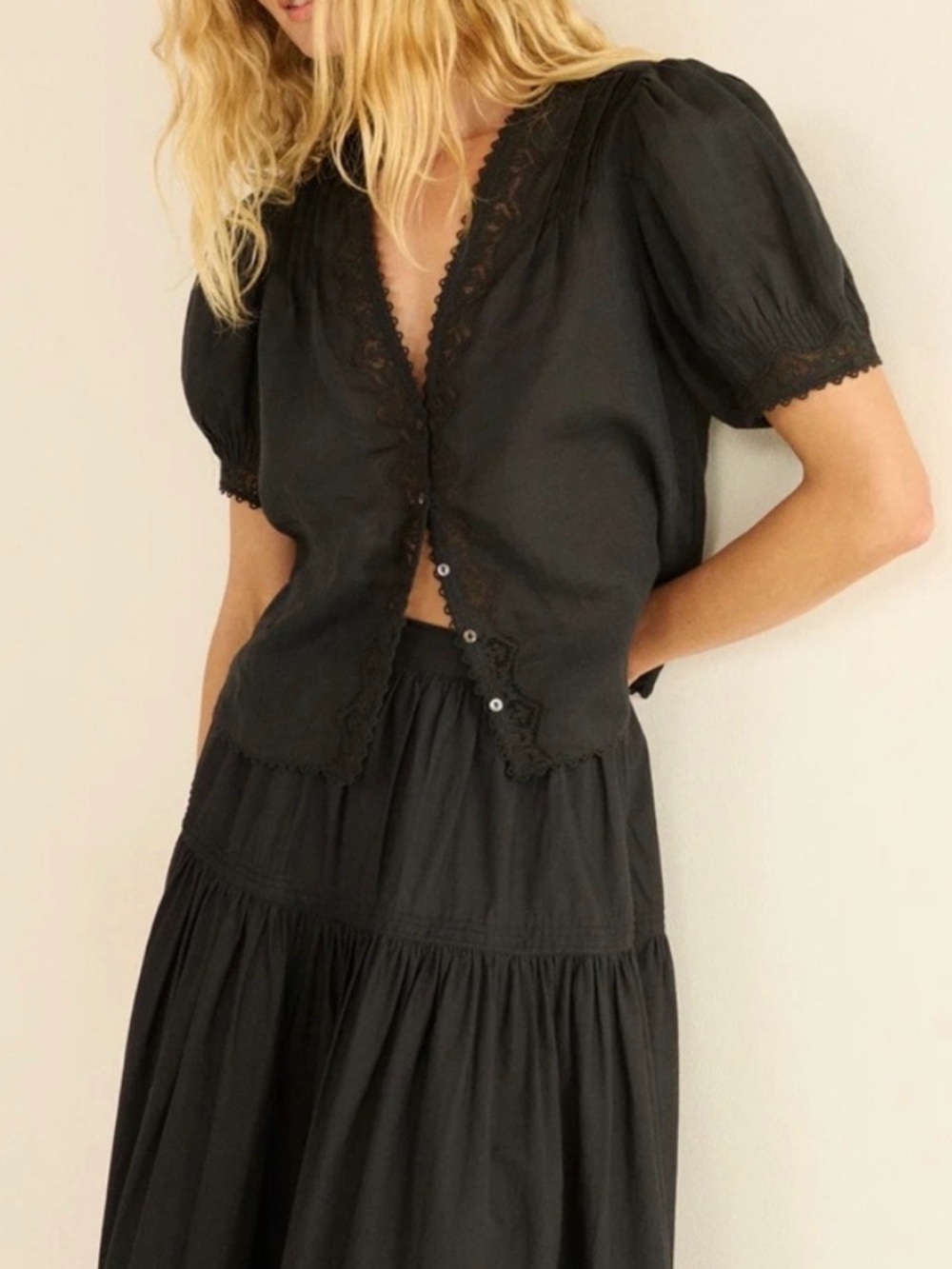 Doen Black Lace-Trim Puff Sleeve Button-Up Blouse
